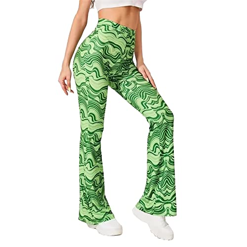 Yogahose Damen Boho Strandhose Hippie Blumen Schlaghose Weites Bein Palazzo Sommerhose Elegant High Waist Bootcut Freizeithose Caprihose Elastische Taille Yogahose Blickdicht (Green, XXXXXL) von HolAngela