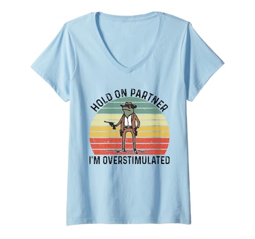 Damen Halt durch, Partner, ich bin überstimuliert, Cowboy Frog, Vintage-Stil T-Shirt mit V-Ausschnitt Damen Halt durch, Partner, ich bin überstimuliert, Cowboy Frog, Vintage-Stil T-Shirt mit V-Ausschnitt von Hold On Im Overstimulated Frog Joke Graphic Design