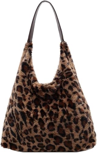 HoldOneLight Teddy Handtasche Uni Tasche Felltasche Damen PlüSchtasche Teddyfell Shopper Tasche Schultertasche Tote Bag Damen Slouchy Hobo Bag Arbeitstasche (Kaffee-Leopard) von HoldOneLight