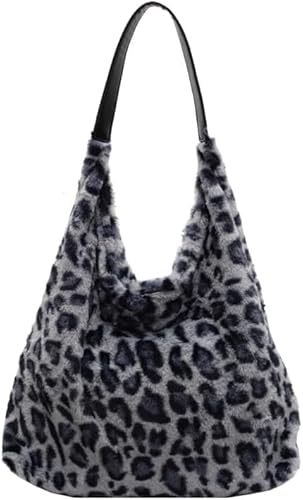 HoldOneLight Teddy Handtasche Damen Uni Tasche Felltasche Damen PlüSchtasche Teddyfell Shopper Tasche Schultertasche Tote Bag DamenSlouchy Hobo Bag Arbeitstasche (schwarzer Leopardendruck) von HoldOneLight