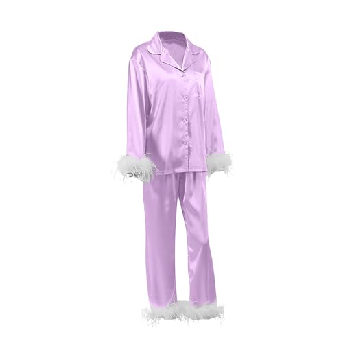 Holdes Button Down Nachtwäsche für Frauen Langarm Satin Nachtwäsche Langarm Federbesatz Satin Nachtwäsche Pyjama Set Nachthemd Casual Time Lila von Holdes