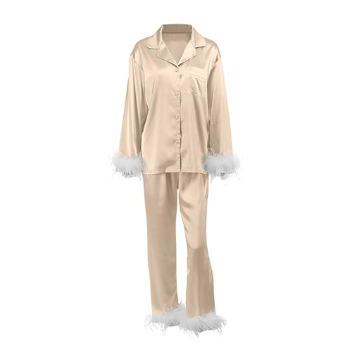 Holdes Pyjama-Set mit Knopfleiste, Nachtwäsche, Pyjama-Set für Damen, mit Federbesatz, Button-Down-Nachtwäsche, Zuhause und Freizeit, Champagner von Holdes