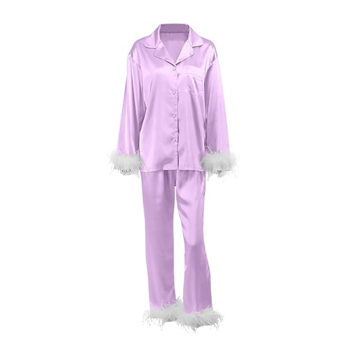 Holdes Pyjama-Set mit Knopfleiste – Damen-Nachtwäsche-Pyjama-Set, langärmelig, Satin-Nachtwäsche für Damen, Button-Down-Nachtwäsche, Federbesatz, Pyjama, Lila von Holdes