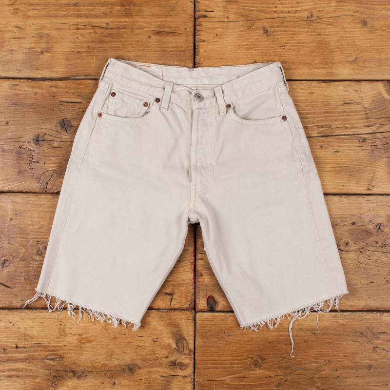 Vintage Levis Denim Shorts 27 Straight Leg Raw Hem 501 Red Tab Beige Jean R29431 von Holdwest