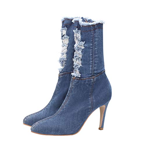 Holibanna 1 Paar Herbst Und Winter Stretch-denim-stiletto-absatz Super-high-heel-damenstiefel Mit Schmalem Bein (dunkelblau-41) Stylische Herbststiefel Obermaterial: Denim-obermaterial Mode von Holibanna