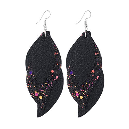 Holibanna 1 Paar Leder Geschichteten Blatt Ohrring Pailletten Teardrop Ohr Baumler Handgemachte Glitter Drop Ohrring Party Sommer Ohrschmuck für Frauen Mädchen Damen (Schwarz) von Holibanna