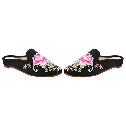 Holibanna 1 Paar ethnische Frauen-Hausschuhe, bestickt, bequem, weich, chinesische Pfingstrosen-Hausschuhe, Schwarz - Schwarz - Größe: 37.5 EU von Holibanna