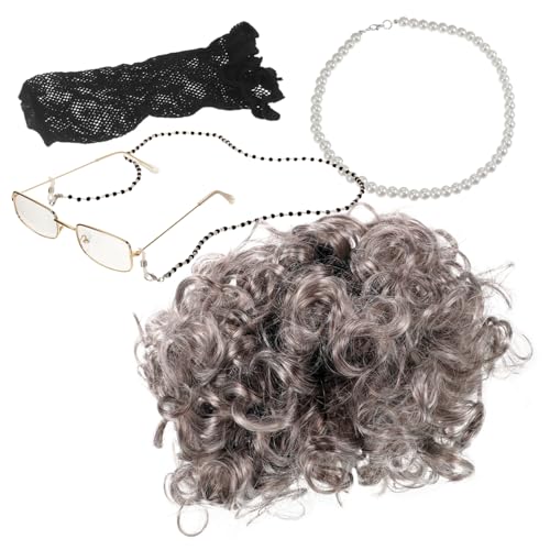 Holibanna Perücke Für Mit Brille Und Halskette Set Für Kostümrequisiten Cosplay-set Für Damen Graue Perücke Für -kostümaccessoires von Holibanna