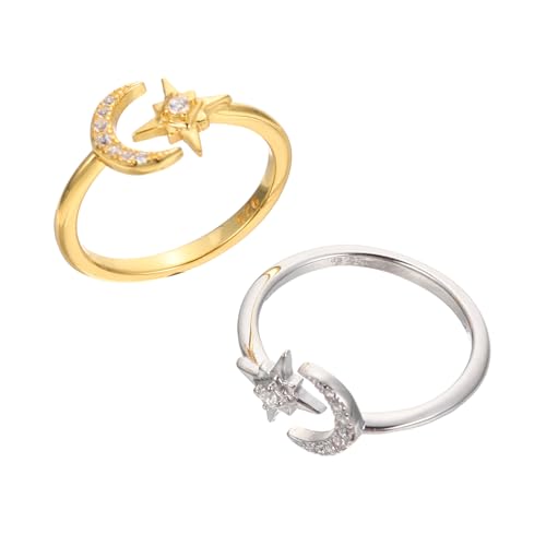 Holibanna 2 Stück Verstellbare Damen Ringe Offene Knöchelring mit Mond Stern Design Strass Schmuck Geschenkidee in Gold und Silber von Holibanna