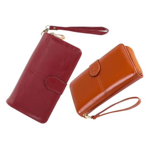 Holibanna 2stücke Öl-wachs-Leder Geldbörse Für Damen Multifunktionale Handytasche Mit Großem Stauraum Für Geld Karten Und Mehr Weinrot von Holibanna