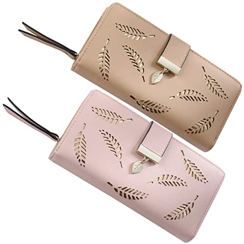 Holibanna 2stücke Damen Geldbörse Lange Pu Geldtasche Tragbare Brieftasche Für Kreditkarten Stilvoller Handheld Geldbeutel Mit Blattmuster von Holibanna
