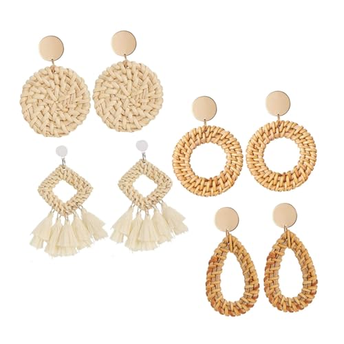 Holibanna 4 Paare Handgefertigte Rattan Ohrringe Set Leichte Hautfreundliche Ohrstecker mit Geometrischem Design Dekorative Ohrschmuck für Damen Passend zu Party und Alltagskleidung von Holibanna