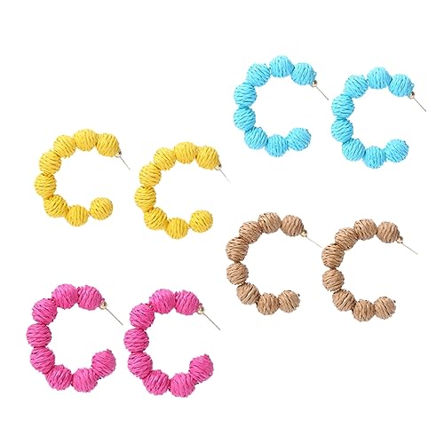 Holibanna 4 Paare Raffia Ohrringe für Damen Handgefertigte Geometrische C Form Ohrringe Gelb Braun Rot und Blau für Strandurlaub Partys und Besondere Anlässe von Holibanna