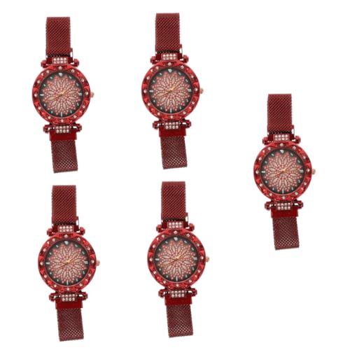 Holibanna 5St Modeuhr Lederuhr Freizeituhr Armbanduhren für Damen Edelstahluhr Diamant Damenuhren Uhren aus Metall Frauen -Bling -Uhr Trend Anschauen Quarzuhren Fräulein Rostfreier Stahl rot von Holibanna