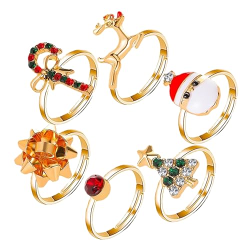 Holibanna 6 Stück Teiliges Weihnachts Finger Ring Verstellbare Niedliche Cartoon Ringe mit Weihnachtsbaum und Motiven Robustes Material für Festliche Partys von Holibanna