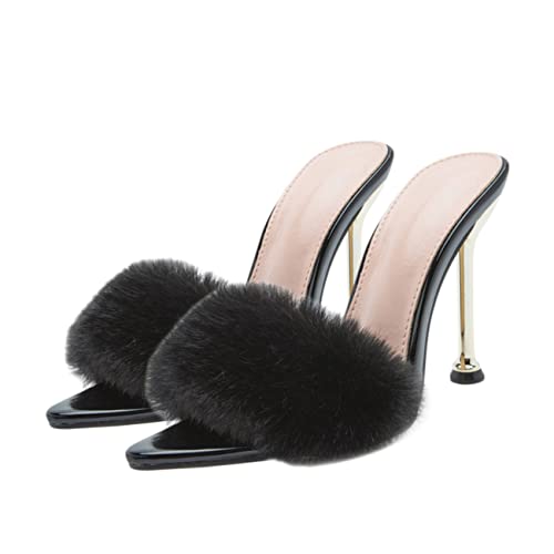 Holibanna Chic Damen Sandaletten mit Dünnem Absatz Flauschiger Dekoration Leichte Sommer High Heels Komfortabel Langlebig Stilvoll für Alltag und Party Schwarz von Holibanna