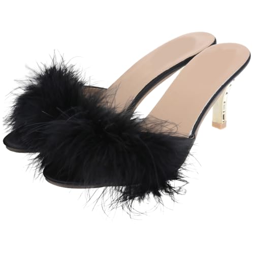 Holibanna Damen-Hausschuhe mit Federn, dünne Fersen, spitz, Pelz, Hausschuhe, Pumpen, Dias, Schwarz - Schwarz - Größe: 38 EU von Holibanna