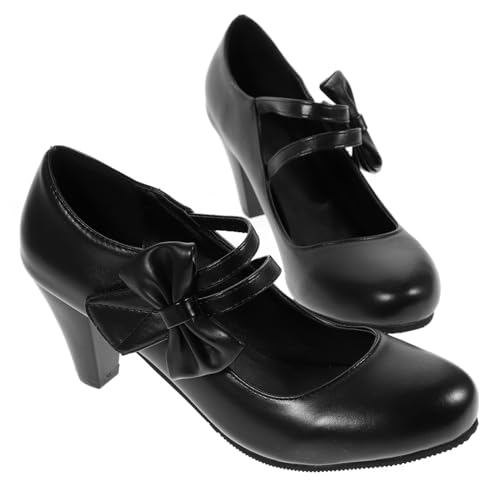 Holibanna Damen High Heels mit Schleifen akzent Grobem Blockabsatz Pu Material Komfortable Pu Laufsohle Modische Schuhe für Party und Alltag Schwarz von Holibanna