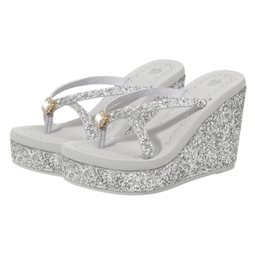 Holibanna Damen High heel Sandalen mit Glitzersteinen Rutschfeste Atmungsaktive Sommerschuhe Modische Strand Flip flops Komfortabel und Vielseitig für Freizeit und Urlaub Silber von Holibanna