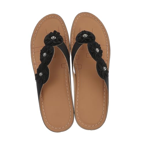 Holibanna Damen Sandalen Keilabsatz Schwarz Sommer Schuhe Blumenmuster Rutschfeste Sohle Bequeme Strand Slipper von Holibanna