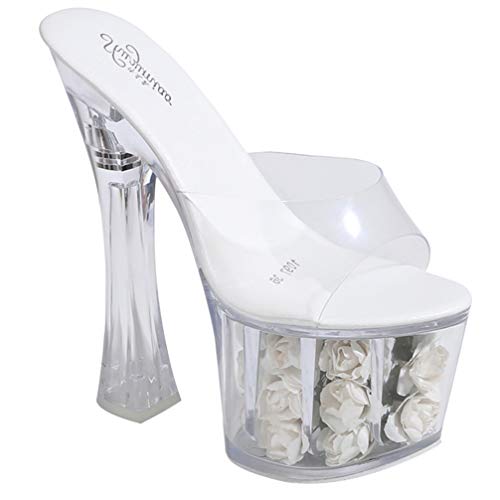 Holibanna 1 Paar Rose Wasserdichte Plattform Super High Heel Crystal Slipper Hochzeitsschuhe Damen Pantoletten Klobige Sandaletten Frauen Modell Schuhe Oben: Glasfolie Sandalen Fräulein Weiß von Holibanna