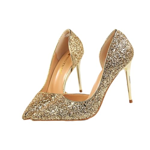 Holibanna Elegante Damen High Heels mit Dünnem Absatz und Spitz zulaufender Zehenpartie Goldene Glitzerschuhe für Festliche Anlässe Bequeme und Modische Pumps für Party Hochzeit und von Holibanna