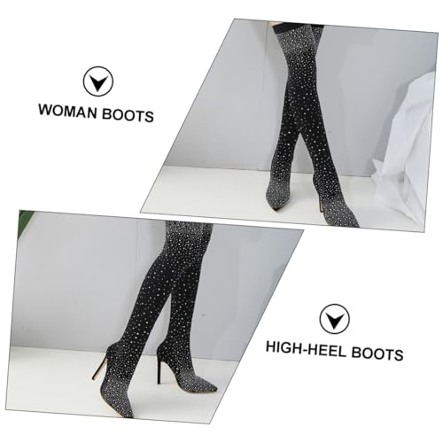 Holibanna Elegante Damen High heel Boots mit Spitzem Zehenbereich und Funkelnden Strasssteinen Dicker Absatz Modisch für Party Hochzeit Büro und Alltag Schwarzes Design von Holibanna