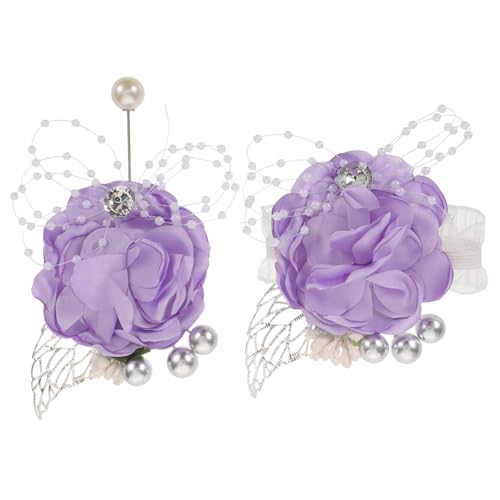 Holibanna Elegantes Corsage Boutonniere-set in Helllila Künstliche Blumen Leichtes Handgelenk-armband und Ansteckblume für Braut Bräutigam Brautjungfern bei Hochzeit und Festlichen Anlässen von Holibanna