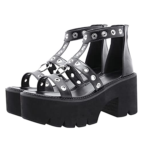 Holibanna Frauen Römischen Ausschnitt Goth Plattform Sandalen Metall Ring Chunky Ferse Schuhe Sommer Sandalen von Holibanna