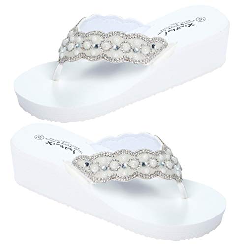 Holibanna Keilsandalen Plattform Flip Flops Perle Diamant Riemen rutschfeste Strandschuhe Slip On Zehensteg Hausschuhe (23,0 cm, 6US, 3.5UK, 36.5EU, 9.039 Zoll), Weiß - weiß - Größe: 38.5 EU von Holibanna