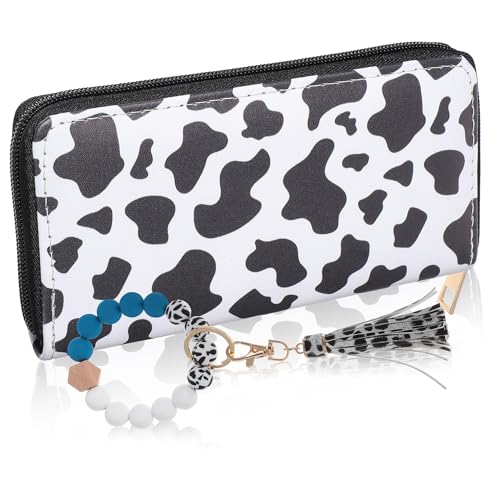 Holibanna Lange Geldbörse Mit Kuhmuster Kartenhalter Aus Pu-Leder Mit Perlenarmreif-schlüsselanhänger Und Reißverschluss Für Damen von Holibanna