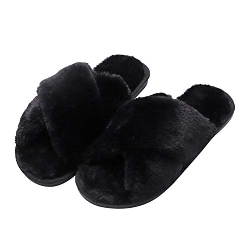 Holibanna Kunstpelz Winter Pantoffel Frauen Mädchen offene Zehe Flauschige Pantoletten Plüsch Wohnungen Schuhe für Mädchen 40-41 EU Schwarz von Holibanna