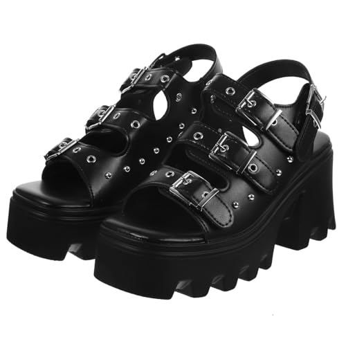 Holibanna Punk Nieten Römersandalen Damen Sandalen mit Dicker Sohle und Hohem Blockabsatz Rutschfest Angenehm für Partys und Alltag Modisch und Auffällig in Schwarz von Holibanna
