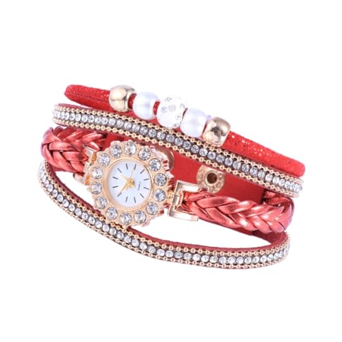 Holibanna Damenuhr Damen-quarzuhr Rot Armbanduhr Quarzarmband Damen-quarzarmband Webuhr Armbanduhr Perlenbesatz Mehrschichtige Uhr von Holibanna
