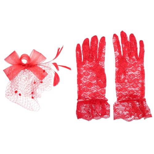 Holibanna Schleier Spitzenhandschuhe Ausgehöhlte Handschuhe Brautkostüm Krawatte Samt Partyhandschuhe Schwarze Strass Handschuhe Stirnband Schal Schleife Hut Brautschleier von Holibanna