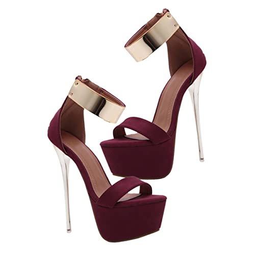 Holibanna Schuhe mit Absatz für Damen, 16 cm, hoher Absatz, hohe Plateau-Schuhe, für Damen, Knöchelriemen, offener Zehenbereich, Party (36 EU), Claret - Größe: 39 EU von Holibanna