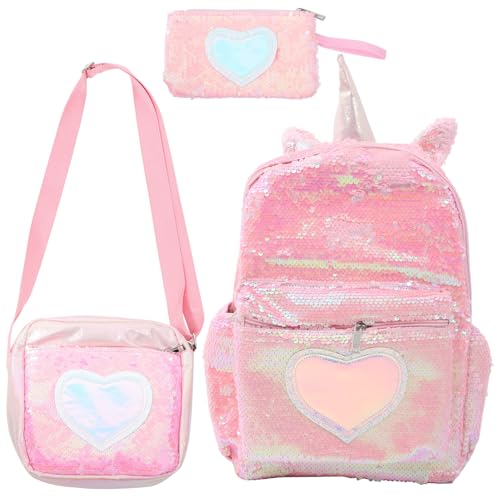 Holibanna 3 Stück Kreative Pailletten Rucksäcke für Mädchen Einhorn Schultaschen Langlebig und Praktisch Herzförmig für Schule und Reisen von Holibanna