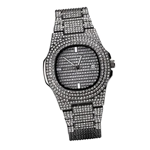 Holibanna Strass Uhr für Herren Quarzuhr mit Edelstahlarmband Mode Armbanduhr in Schwarz Robuste und Hip Hop Uhr für Weihnachten und Geburtstagen von Holibanna