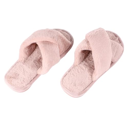 Holibanna Warme Damen Hausschuhe Offene Zehen Plüschpantoffeln mit Kreuzriemen Rutschfeste Innenschuhe Ergonomisch Geformt für Herbst Winter Zuhause von Holibanna