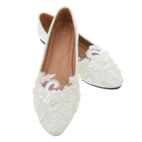 Holibanna Weiße Brautspitzenschuhe Frauen Hochzeit Brautschuhe Flache Schuhe Schlüpfen auf Synthetische Spitze Ballerinas Schuhe Größe 39 von Holibanna