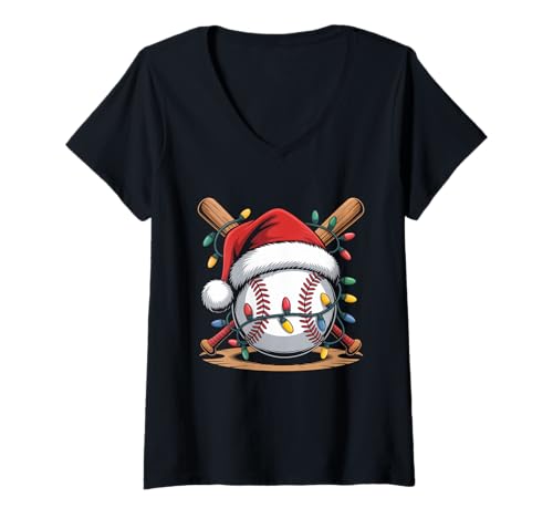 Damen Weihnachtsmann Sport Baseball Spieler Weihnachtsbeleuchtung Sport Spaß T-Shirt mit V-Ausschnitt Damen Weihnachtsmann Sport Baseball Spieler Weihnachtsbeleuchtung Sport Spaß T-Shirt mit V-Ausschnitt von Holiday Baseball Lights Family Cozy