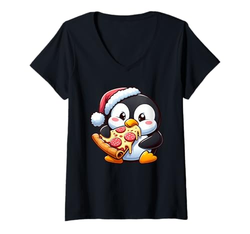 Damen Niedliches Weihnachts-Pinguin-Pizza-Design T-Shirt mit V-Ausschnitt Damen Niedliches Weihnachts-Pinguin-Pizza-Design T-Shirt mit V-Ausschnitt von Holiday Cartoon Penguin Italian Pizza Fun