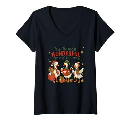 Damen Es ist die schönste Zeit des Jahres T-Shirt mit V-Ausschnitt Damen Es ist die schönste Zeit des Jahres T-Shirt mit V-Ausschnitt von Holiday Cheerful Ducks Festive Joyful Christmas