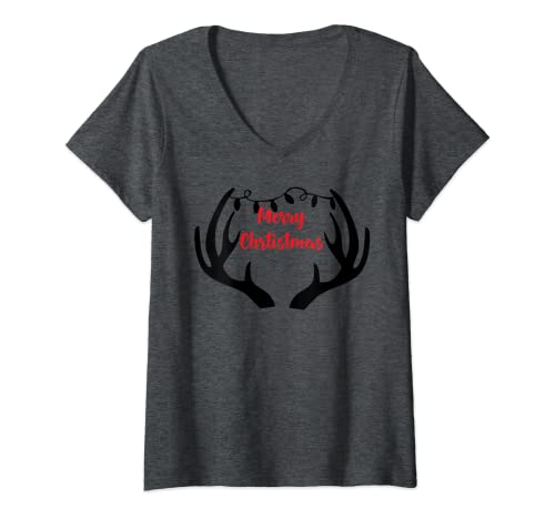 Holiday Christmas Tees Damen Geweih Weihnachts-Shirt - Süßes Hirsch Weihnachten T-Shirt Geschenk - Grau, S, V-Ausschnitt Holiday Christmas Tees Damen Geweih Weihnachts-Shirt - Süßes Hirsch Weihnachten T-Shirt Geschenk - Grau, S, V-Ausschnitt von Holiday Christmas Tees