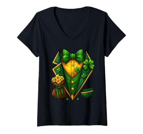 Damen Kobold-Kostüm St. Patrick Day Anzug Irisches Kleeblatt T-Shirt mit V-Ausschnitt Damen Kobold-Kostüm St. Patrick Day Anzug Irisches Kleeblatt T-Shirt mit V-Ausschnitt von Holiday Costume Funny Christmas Novelty Apparel