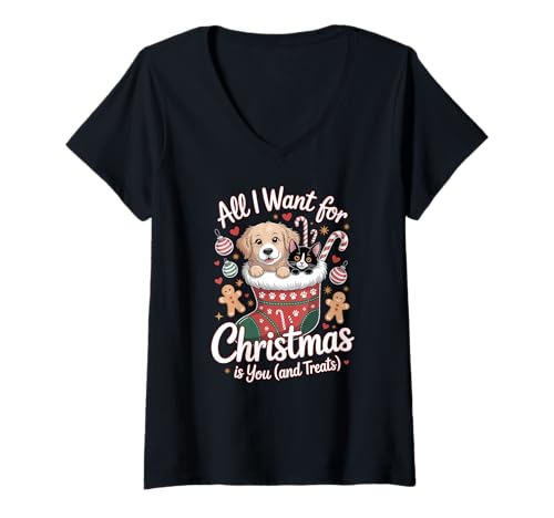 Damen Weihnachtsstrumpf mit Aufschrift All I Want for Puppy & Kitten, für Hunde und Katzen T-Shirt mit V-Ausschnitt Damen Weihnachtsstrumpf mit Aufschrift All I Want for Puppy & Kitten, für Hunde und Katzen T-Shirt mit V-Ausschnitt von Holiday Dog and Cat Apparel Gifts by Anastasia