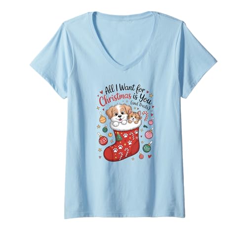 Damen Weihnachtsstrumpf mit Aufschrift All I Want for Puppy & Kitten, für Hunde und Katzen T-Shirt mit V-Ausschnitt Damen Weihnachtsstrumpf mit Aufschrift All I Want for Puppy & Kitten, für Hunde und Katzen T-Shirt mit V-Ausschnitt von Holiday Dog and Cat Apparel Gifts by Anastasia