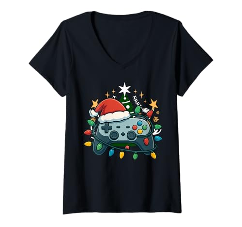 Damen Festlicher Gamecontroller Weihnachts-Videospieler T-Shirt mit V-Ausschnitt Damen Festlicher Gamecontroller Weihnachts-Videospieler T-Shirt mit V-Ausschnitt von Holiday Gamer Vibes