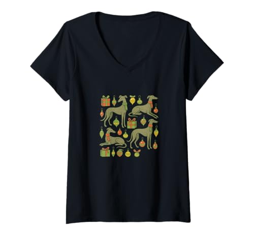Damen Elegante Windhunde in festlichen Weihnachtsferien Winter T-Shirt mit V-Ausschnitt Damen Elegante Windhunde in festlichen Weihnachtsferien Winter T-Shirt mit V-Ausschnitt von Holiday Hound Emporiums