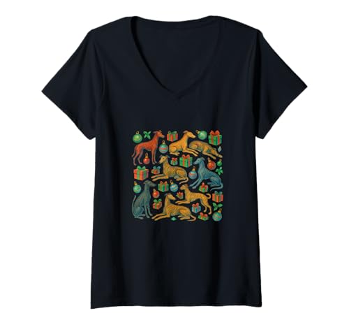 Damen Elegante Windhunde in festlichen Weihnachtsferien Winter T-Shirt mit V-Ausschnitt Damen Elegante Windhunde in festlichen Weihnachtsferien Winter T-Shirt mit V-Ausschnitt von Holiday Hounds Emporium